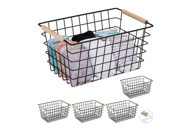 relaxdays Allzweckkorb 5 x Drahtkorb mit Holzgriffen schwarz von relaxdays