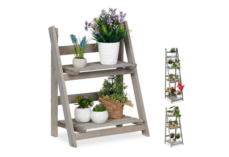 relaxdays Blumenständer Blumentreppe Holz grau, M von relaxdays