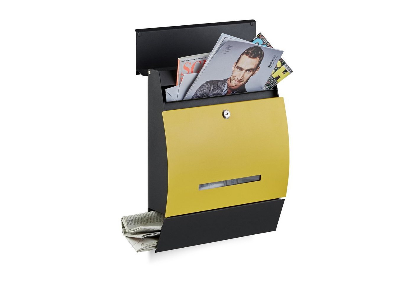 relaxdays Briefkasten Design Briefkasten mit Zeitungsfach, Schwarz-Gelb von relaxdays
