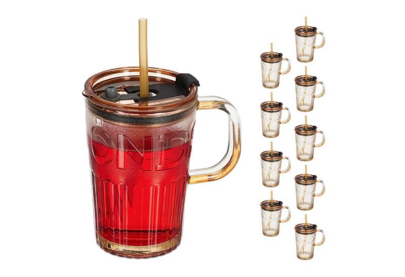 relaxdays Gläser-Set Trinkgläser im 10er Set mit Henkel, Glas, Hellbraun von relaxdays