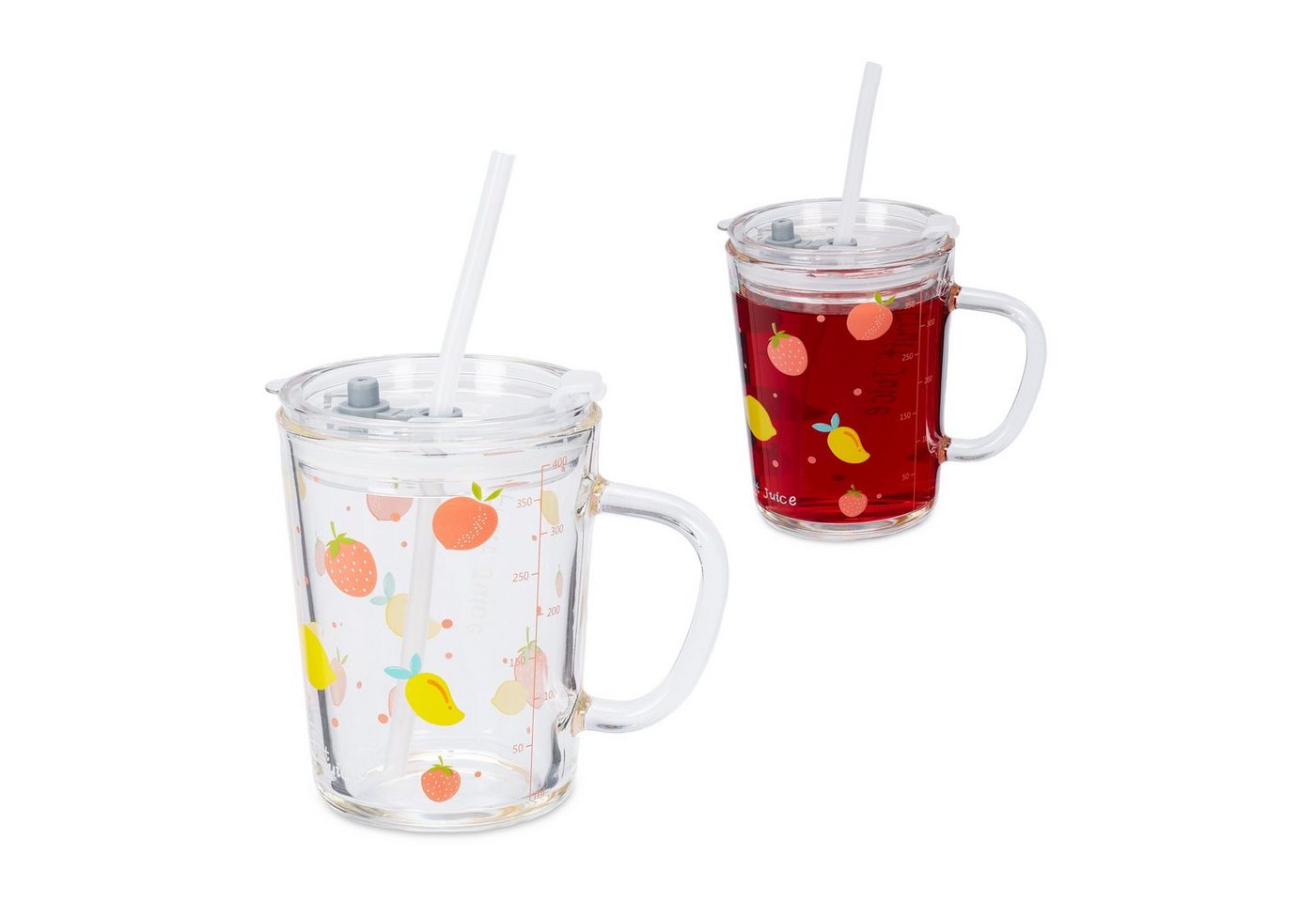 relaxdays Kinderbecher 2er Set Kindergläser mit Früchte-Motiv, Glas von relaxdays