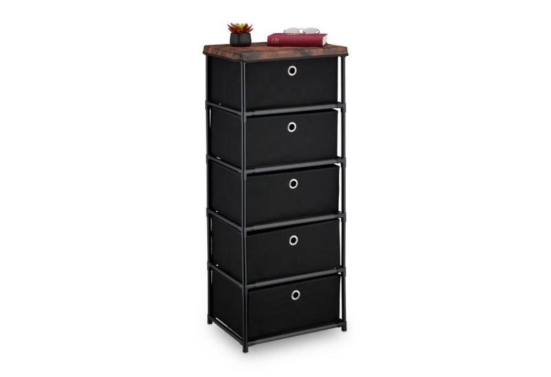 relaxdays Kommode Holzoptik mit Stoffschublade, 5 Fächer, Schwarz von relaxdays