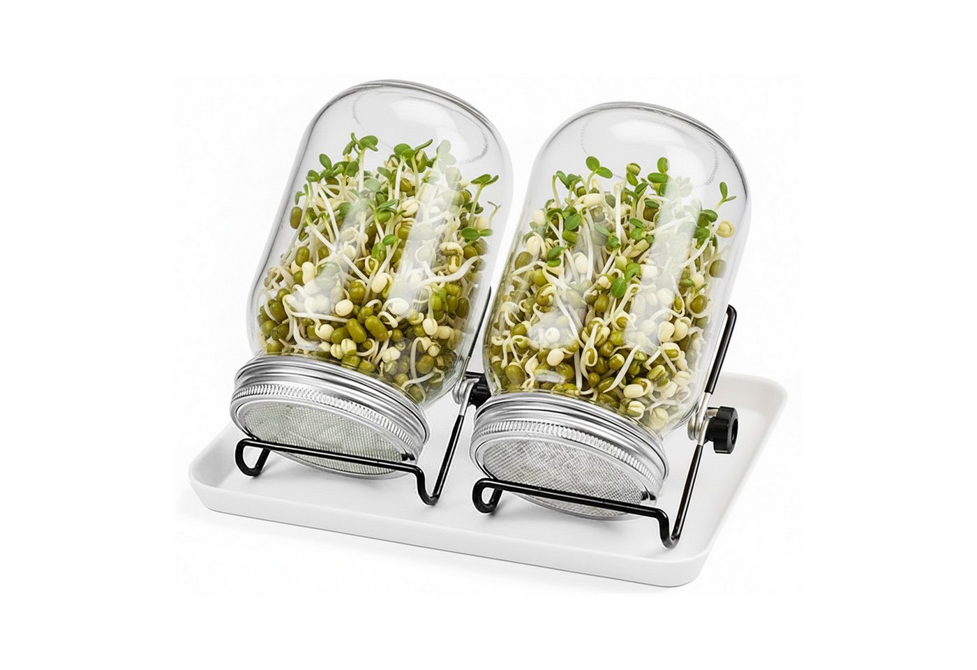 relaxdays Kräutertopf Sprossenglas 2er Set Gestell & Schale (2er Set), Schwarz-Weiß von relaxdays