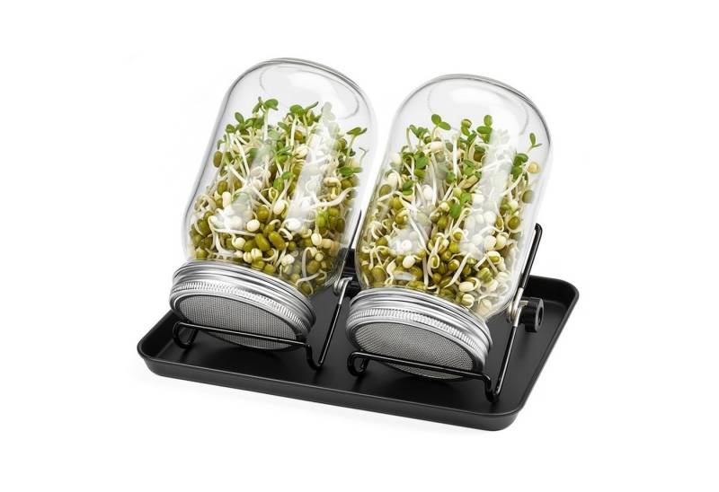 relaxdays Kräutertopf Sprossenglas 2er Set Gestell & Schale (2er Set), schwarz von relaxdays