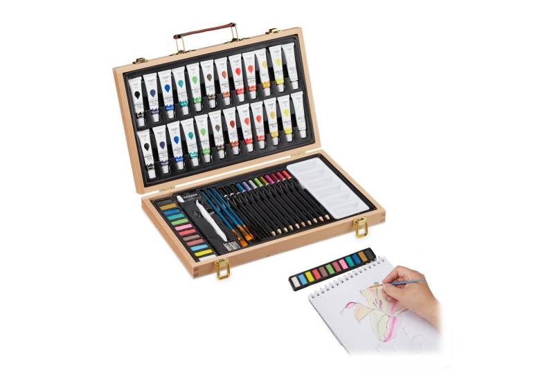 relaxdays Malpalette Malkoffer Holz 56-teilig, Öl von relaxdays