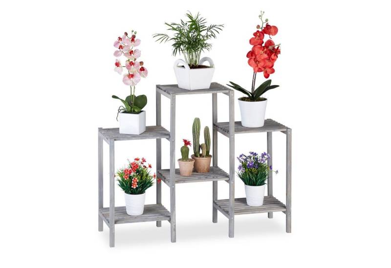 relaxdays Pflanzentreppe Graues Blumenregal aus Holz, M von relaxdays