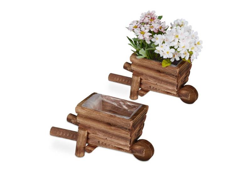 relaxdays Pflanzschale Pflanzschubkarre aus Holz 2er Set von relaxdays