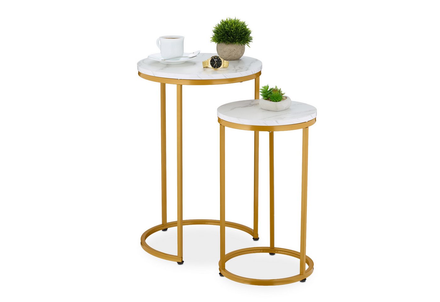 relaxdays Satztisch 2er Set Marmoroptik & Metall (2er Set), Weiß/Gold von relaxdays