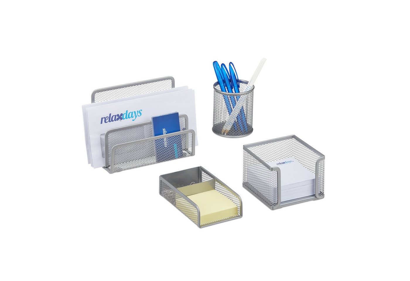 relaxdays Schreibtischaufsatz Schreibtisch Organizer Set 4-teilig, Silber von relaxdays