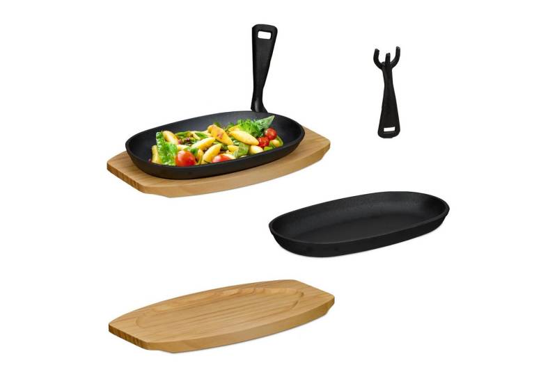 relaxdays Servierpfanne Holzuntersetzer 2er Set, Gusseisen (2-tlg., 2er Set) von relaxdays