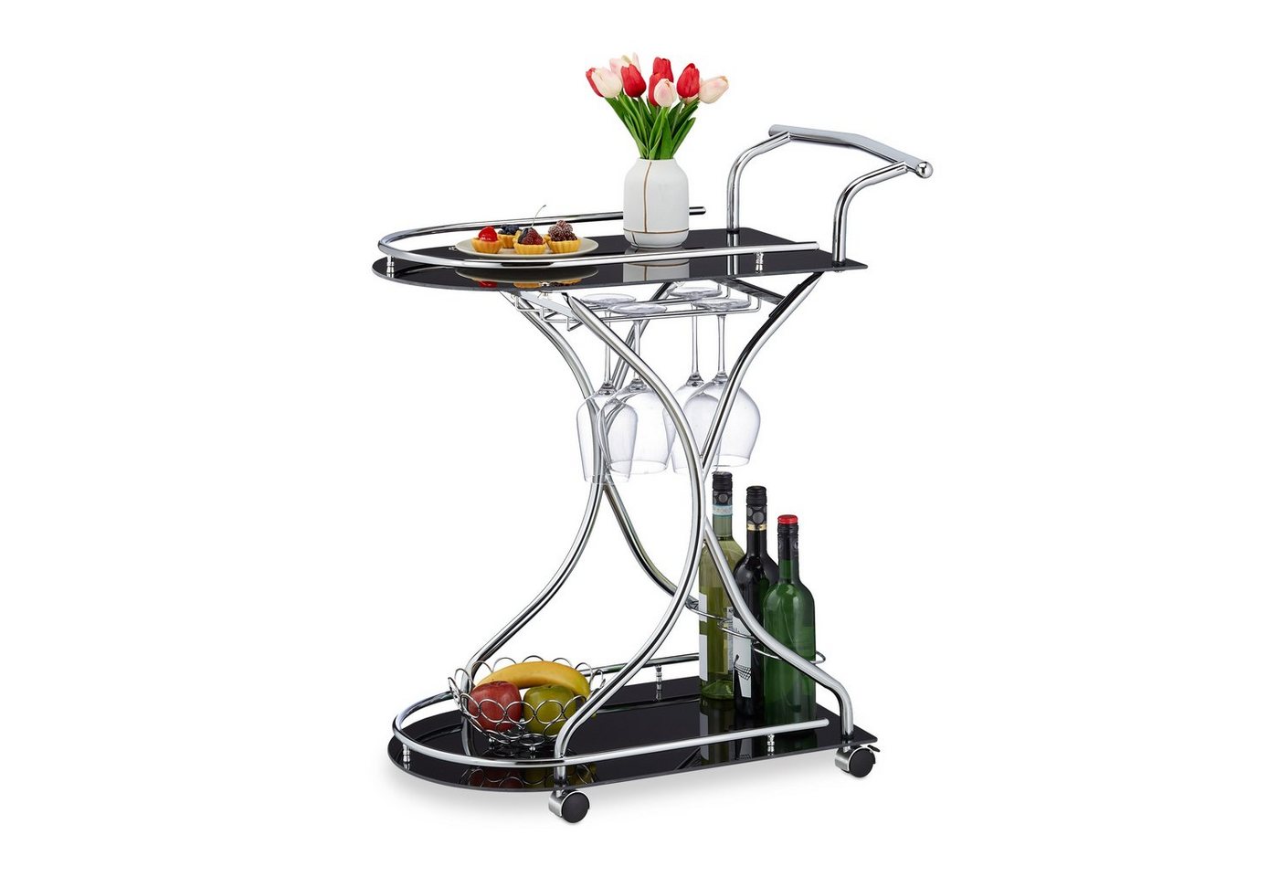 relaxdays Servierwagen Servierwagen aus Chrom & schwarzem Glas von relaxdays