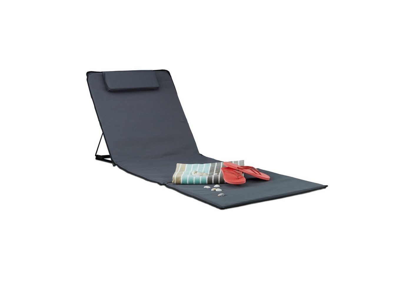 relaxdays Strandtuch Strandmatte XXL mit Kopfkissen, Anthrazit von relaxdays