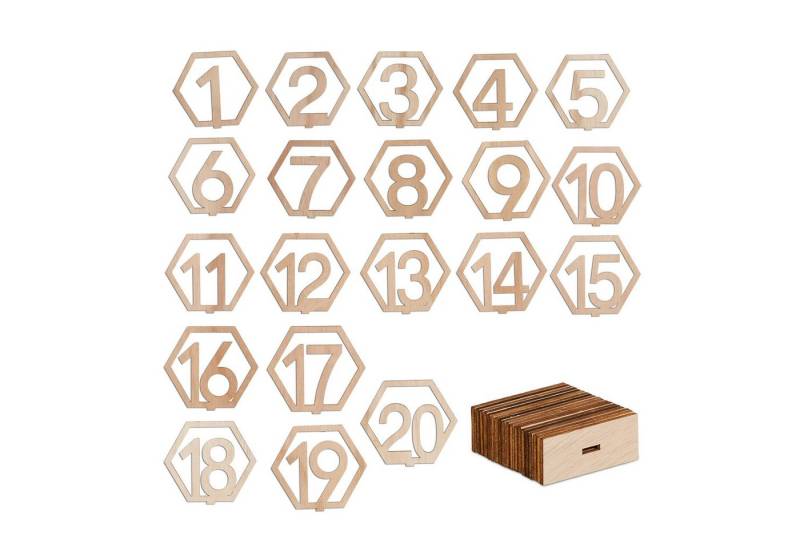 relaxdays Tischkartenhalter Tischnummern Hochzeit 1–20 sechseckig, Holz von relaxdays
