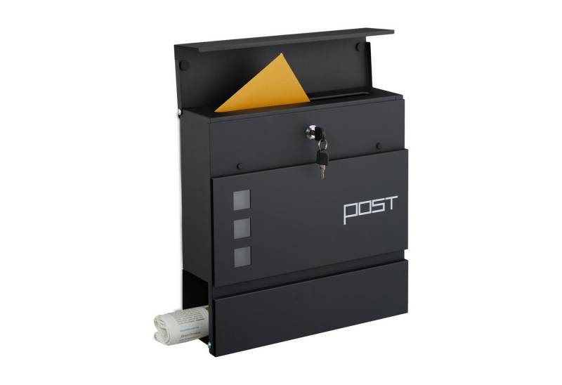 relaxdays Wandbriefkasten Briefkasten mit Zeitungsfach, schwarz von relaxdays