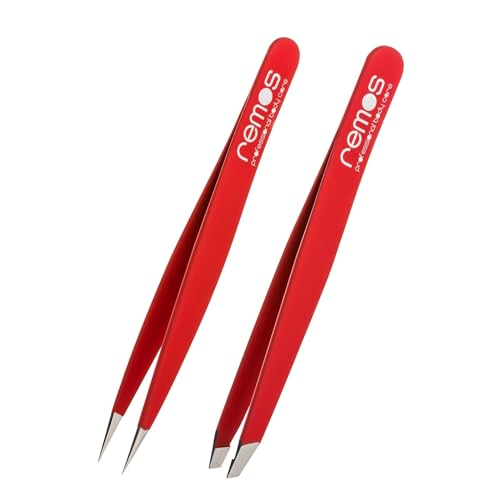 REMOS Pinzetten Set 2-teilig mit Augenbrauen- & Splitterpinzette in Rot von remos professional body care
