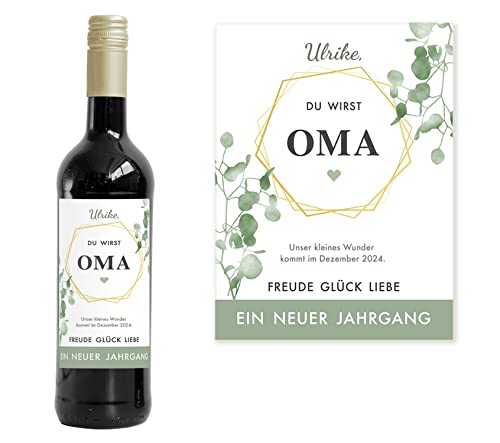 Mimi und Anton Personalisiertes Flaschenetikett OMA | Großmutter | Weinlabel Du wirst Oma | 9x12 cm | Schwangerschaft verkünden | Weinetikett Geburt | Serie Eukalyptus von renna deluxe