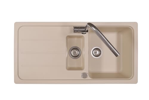 Respekta Austin Massivgranit Spüle 100 x 50 / Hitzebeständig/Abgeschrägte Abtropffläche/Einbau-und Unterbaumontage / 1,5 Becken/für Unterschränke ab 60 cm Breite/Vanille von respekta