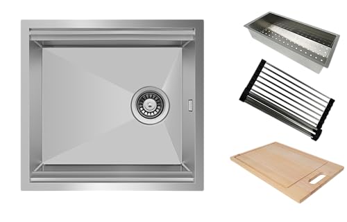 Respekta San Diego Workstation mit Premium Ausstattung ohne Hahnlochbank/Edelstahl Einbauspüle 51 x 48,4 cm/Mit Holzschneidebrett, Abtropfgitter und Resteschale/Für Unterschränke ab 50 cm von respekta