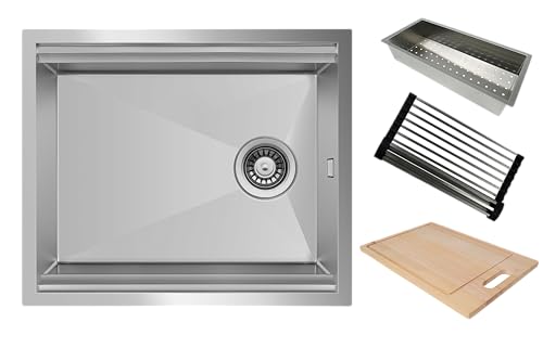 Respekta San Diego Workstation mit Premium Ausstattung ohne Hahnlochbank/Edelstahl Einbauspüle 61 x 48,4 cm/Mit Holzschneidebrett, Abtropfgitter und Resteschale/Für Unterschränke ab 60 cm von respekta