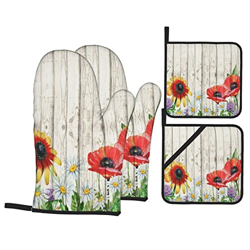 Ofenhandschuhe und Topflappen-Sets, 4-teilig, Blumen, rustikale Blumen auf Vintage-Holzbrett, Vintage-Retro-Bauernhaus, hitzebeständige Ofenhandschuhe von rethyrel