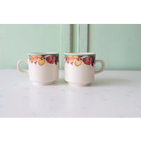 1980S Vintage Cherry Peach Lemon Becher Set Von 2 ....kaffeebecher. Keramik. Tee. Retro-Haushaltswaren. Obst Druck. Kaffee. Trinken. Dienen. Kitsch von retroandme