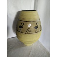 50Er West German Pottery Vase, Flamingo Mid Century Gelbe Braun Und Gelb, Uraltes Design, 94/20 von retroflowerpower
