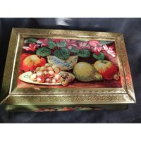 Vintage Blechdose Mit Obst Und Blumen, Mid Century von retroflowerpower