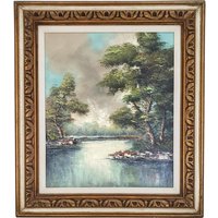 28x32 Mid-Century Ölgemälde Auf Leinwand Fluss Landschaft Signiert Geitermann Barock Giltwood Rahmen Traditionelles Dekor Hollywood Regency von retrosymphony