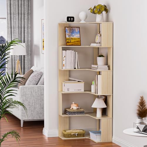 reukmuuc Eck-Bücherregal mit 6 Ebenen, L-förmiges Holz-Bücherregal, 5 Etagen, 20 kg Tragkraft, dickes Massivholz-Bücherregal, freistehendes Ausstellungsregal für Wohnzimmer, Schlafzimmer von reukmuuc