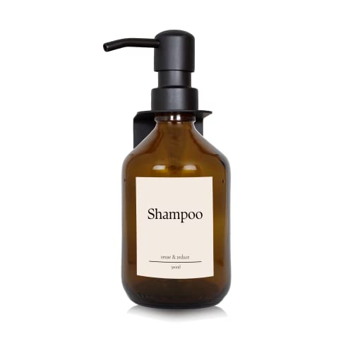 Seifen-Spender braunes Glas 300ml für Shampoo mit Wandhalterung mit schwarzer Edelstahlpumpe reuse & reduce Retro, R&R02 von reuse & reduce