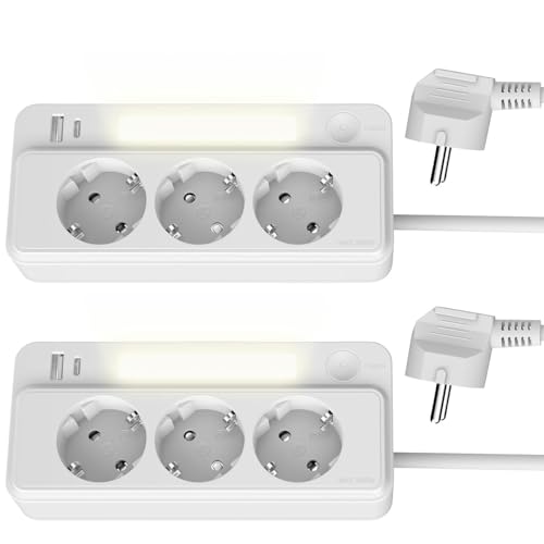 revolt 2er-Set 3-fach Steckdosenleiste mit Multi-USB-Ladeport, 20W,Nachtlicht von revolt