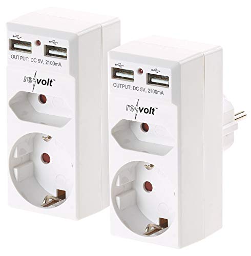 revolt Mehrfachstecker mit USB: 2er-Set 2-fach-Steckdosen und 2-fach-USB-Netzteile, 2,1 Ampere (Doppelstecker für Steckdose, Doppelstecker mit, Steckdosenleiste) von revolt