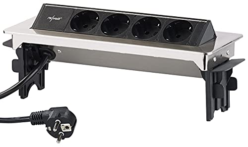 revolt Einbausteckdose Küche: Versenkbare Profi-Einbau-Tisch-Steckdose, 4-fach, Edelstahl, 3.500 W (Versenkbare Tischsteckdose, Steckdosen Küche, Schreibtisch) von revolt