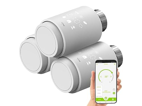 revolt Alexa Thermostat: 3er-Set programmierbare Heizkörper-Thermostate mit Bluetooth und App (Heizungsventile, Elektronik-Heizkörper-Thermostat, Adapter) von revolt