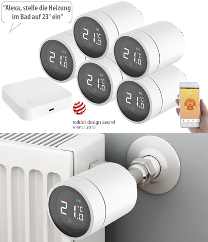 revolt Smart Thermostat ZigBee: 5er-Set Heizkörperthermostate mit App, Sprachsteuerung, ZigBee-Gateway (ZigBee Heizungsthermostat, Heizungssteuerung, Programmierbare Thermostate) von revolt