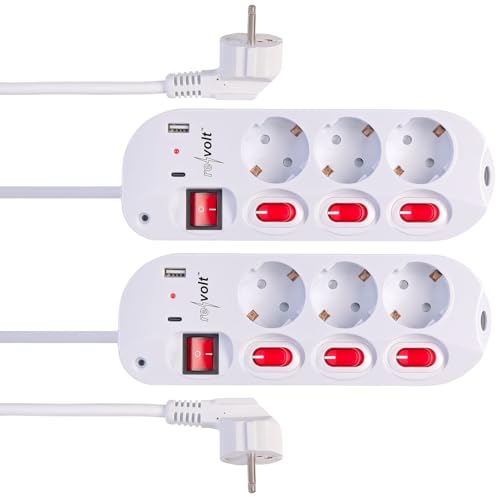 revolt 230-V-Steckdosenleiste: 2er-Set 3-fach-Steckdosenleiste, einzeln schaltbar, 1x USB-C PD/USB-A (Steckdosenleiste mit USB-Buchsen, Steckdosenleiste mit USB-Ladeports, Verlängerungskabel) von revolt