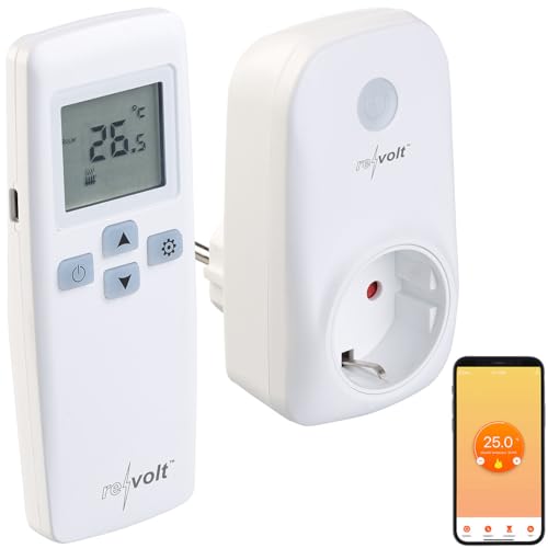 revolt Funkthermostat: WLAN-Steckdosen-Thermostat mit Sensor-Fernbedienung, App, Sprachbefehl (Funk-Thermostat Steckdose, Funk Infrarotheizung, Heizstrahler) von revolt