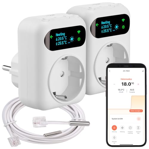 revolt WLAN-Thermostat Alexa: 2er-Set WLAN-Steckdosen-Thermostat, Heiz- & Klimageräte, App, Sensoren (Alexa Steckdose, Steckdosenstecker, Luftbefeuchter) von revolt