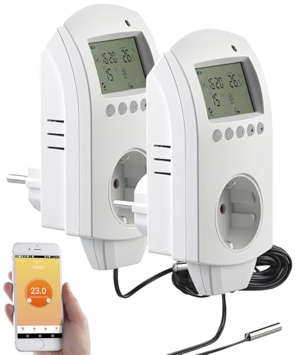 revolt Thermostat Heizung WiFi: 2er-Set WLAN-Steckdosen-Thermostate für Heizgeräte, App, Sprachbefehl (Alexa Thermostat-Steckdose, Universal-Thermostat Steckdose, Zeitschaltuhr) von revolt
