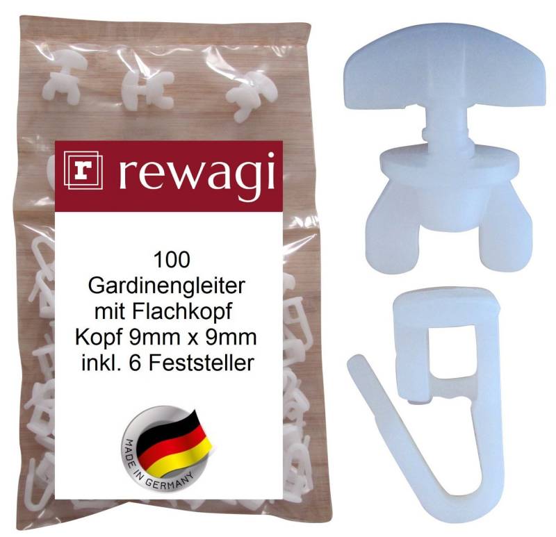 rewagi Gardinengleiter Gleiter & Feststeller mit Flachkopf für Gardinenschiene, Gardinenschiene, Gardinenleiste, Gardinengleiter mit Flachkopf & Feststeller – 9 x 11, 10x10, 9 x11 mm von rewagi