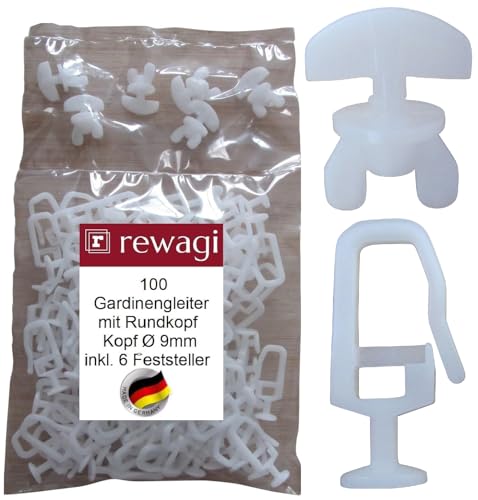 rewagi 100 Gardinengleiter mit Rundkopf Ø 9 mm & 6 Feststeller, Faltengleiter, Faltenlegehaken, Überklipshaken, Gardinenhaken für Gardinenschiene von rewagi