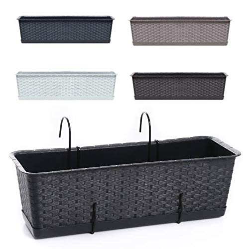 rg-vertrieb Blumenkasten Balkonkasten Blumentopf Rattan Optik Ratolla Case P mit Aufhängung zur Auswahl Untersetzer Geländerkasten 2 Größen (400 Anthrazit+Aufhängung) von rg-vertrieb