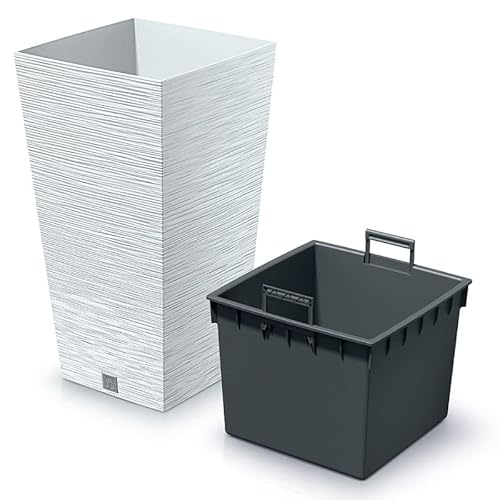 Blumenkübel Blumentopf Pflanzkübel Blumenkasten Quadrat Furu Square Tannennadeln Design mit Pflanzeinsatz (400 Weiß) von rg-vertrieb