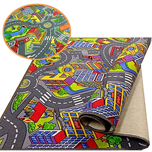 Kinderteppich Spielteppich Straßenteppich Stadt Kinderzimmer Häuser Auto Teppich für Jungen und Mädchen (80 x 120 cm) von rg-vertrieb