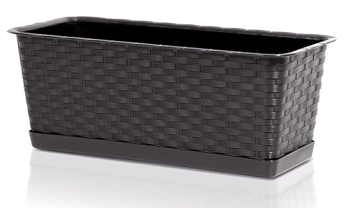 rg-vertrieb Blumenkasten Balkonkasten Blumentopf Rattan Optik Ratolla Case P Untersetzer Geländerkasten (400 Umbra) von rg-vertrieb