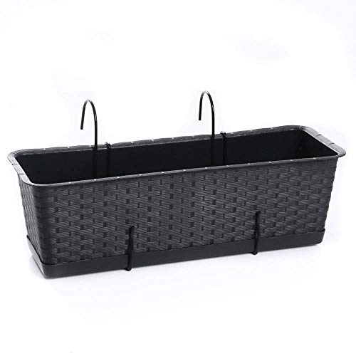 rg-vertrieb Blumenkasten Balkonkasten Blumentopf Rattan Optik Ratolla Case P mit Aufhängung zur Auswahl Untersetzer Geländerkasten 2 Größen (500 Anthrazit + Aufhängung) von rg-vertrieb