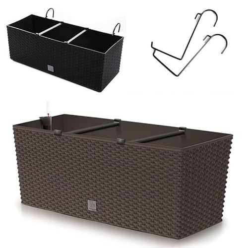 rg-vertrieb Blumenkasten Blumentopf Balkonkasten Geländerkasten Geländertopf 51cm Polyrattan Rattan-Optik Bewässerung mit Halterungen Aufhängung (Umbra) von rg-vertrieb