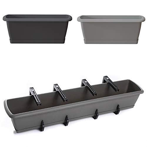 Blumentopf Blumenkasten Balkonkasten Pflanztopf mit Aufhängung und Untersetzer Robuster Kunststoff Geländerkasten Halterungen 40cm-90cm 6 Größen (800 Grau) von rg-vertrieb