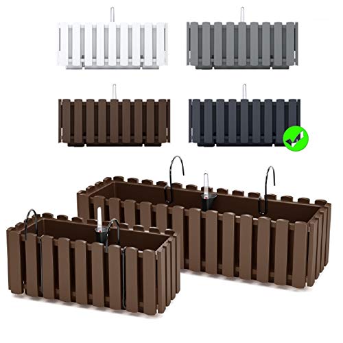 Blumenkasten Blumentopf Balkonkasten Latten-Optik mit Halterungen Wasserspeicher Pflanzkasten Pflanzgefäß inkl. Aufhängung Lattenzaun-Design (580 Anthrazit) von rgvertrieb
