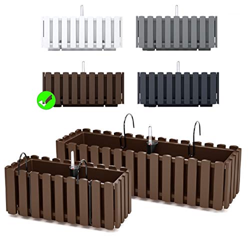 Blumenkasten Blumentopf Balkonkasten Latten-Optik mit Halterungen Wasserspeicher Pflanzkasten Pflanzgefäß inkl. Aufhängung Lattenzaun-Design (580 Braun) von PGONA
